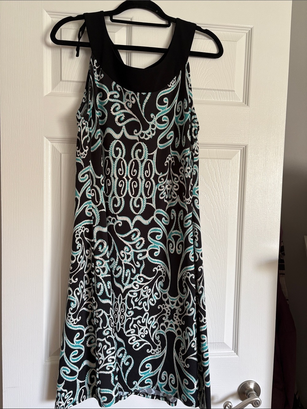 Sleeveless Black Midi Dress with Aqua Scroll Print